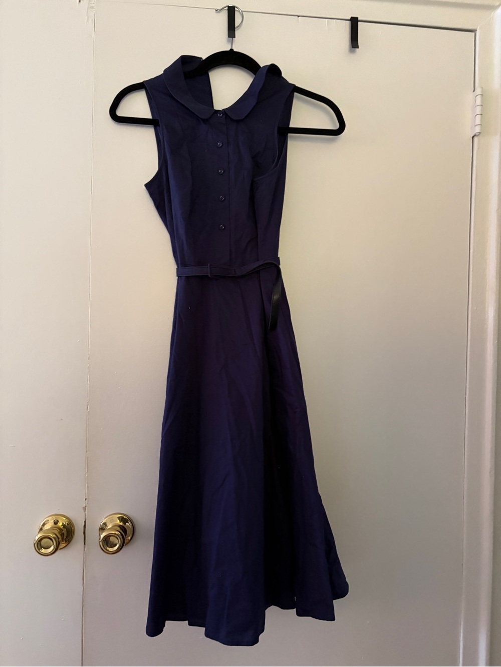 Gal Meets Glam Collection Navy Button Front Collared Belted Midi Dress Size 00